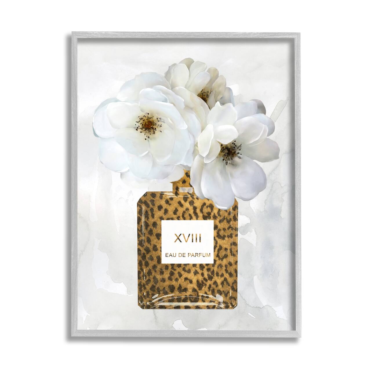 Stupell Industries Leopard Print Perfume Bottle Glam White Spring Florals Framed Wall Art